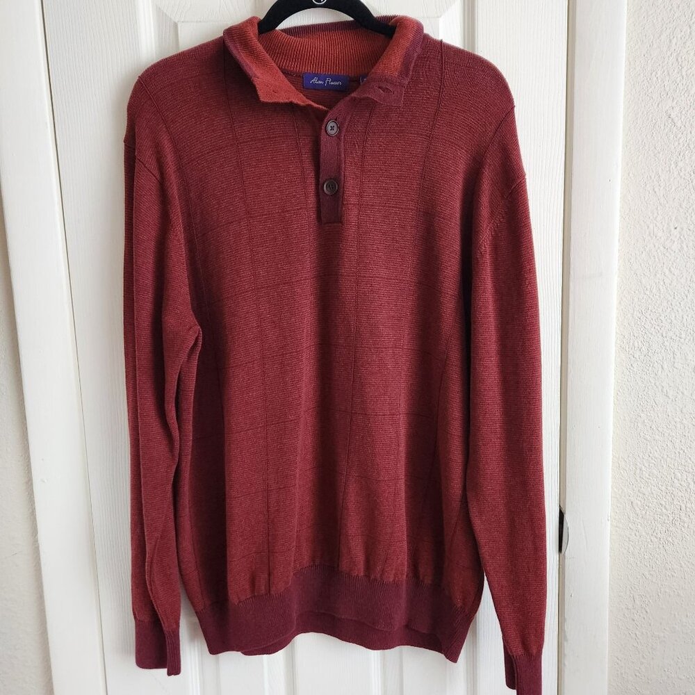 Alan Flusser Mens Burgundy Button-Collar Sweater Pullover Long Sleeve M 100% Cot